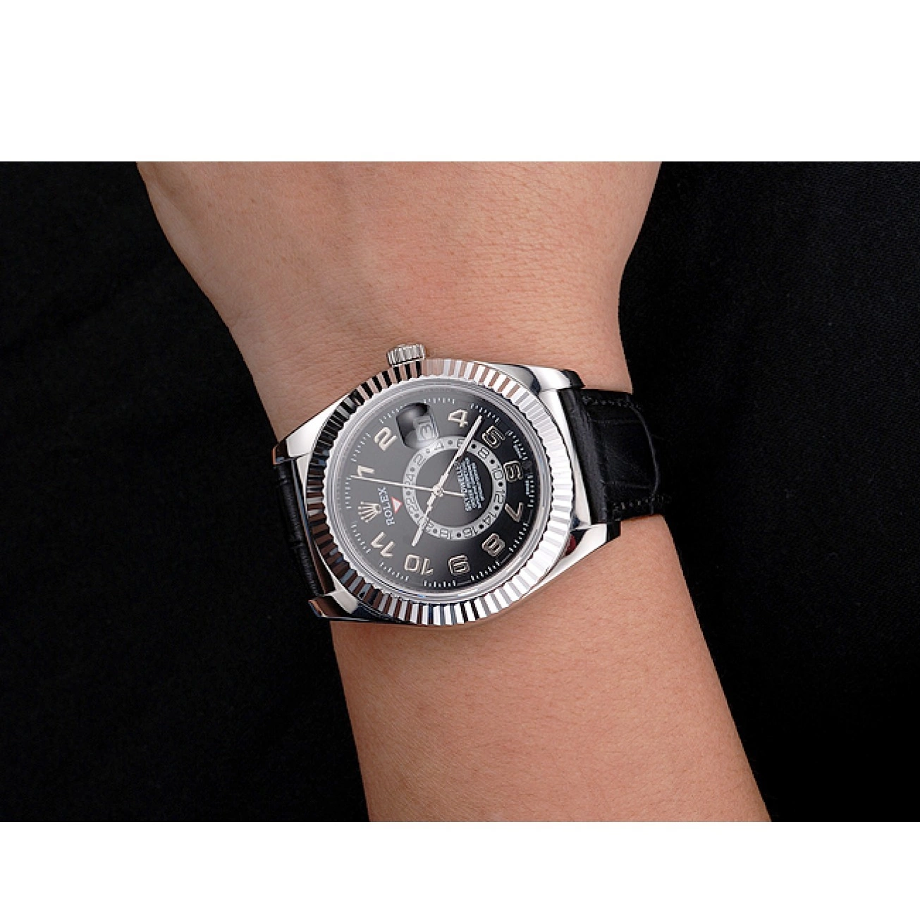Aaa fake watches Dweller Leather Strap Black Rolex Sky Steel Dial Case Black Stainless 0624